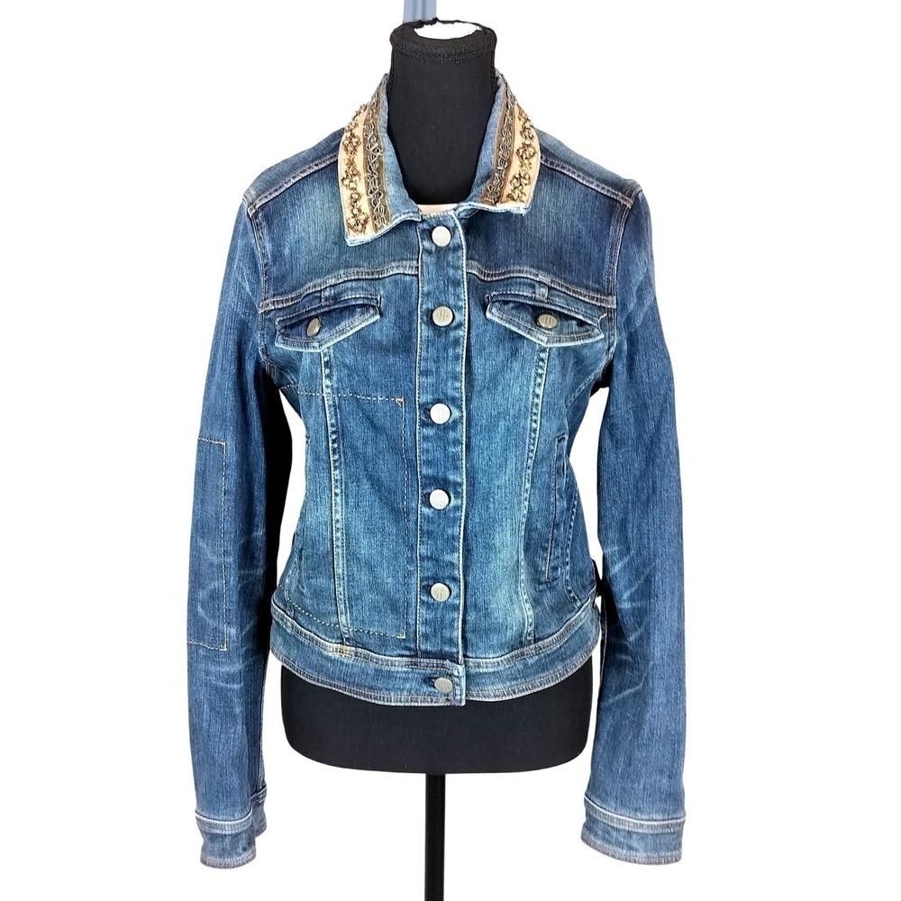 Vintage Beaded Collar Denim Trucker‎ Jacket Lace Embellished Holding Horses